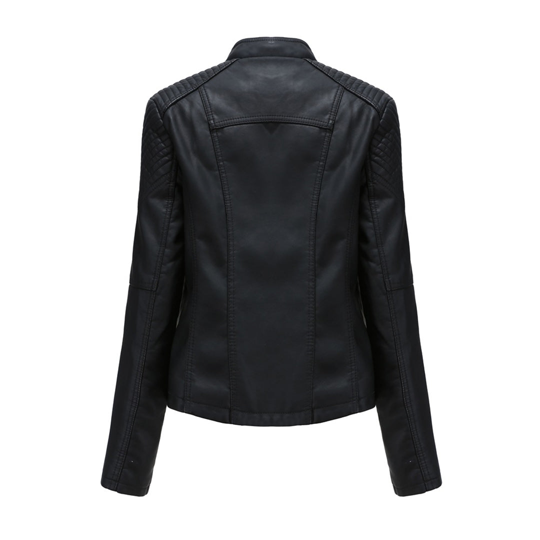 Faux Leather Jacket Women – Stand-up Collar, Front Zipper & Slim Fit