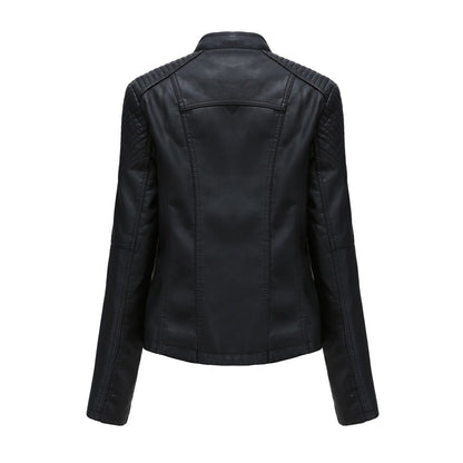 Faux Leather Jacket Women – Stand-up Collar, Front Zipper & Slim Fit