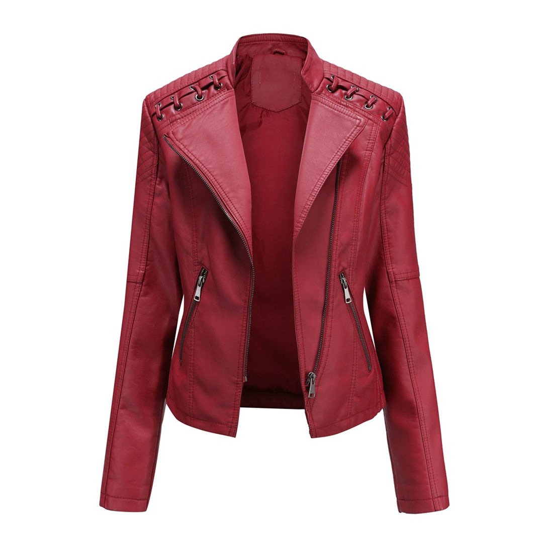 Faux Leather Jacket Women – Stand-up Collar, Front Zipper & Slim Fit