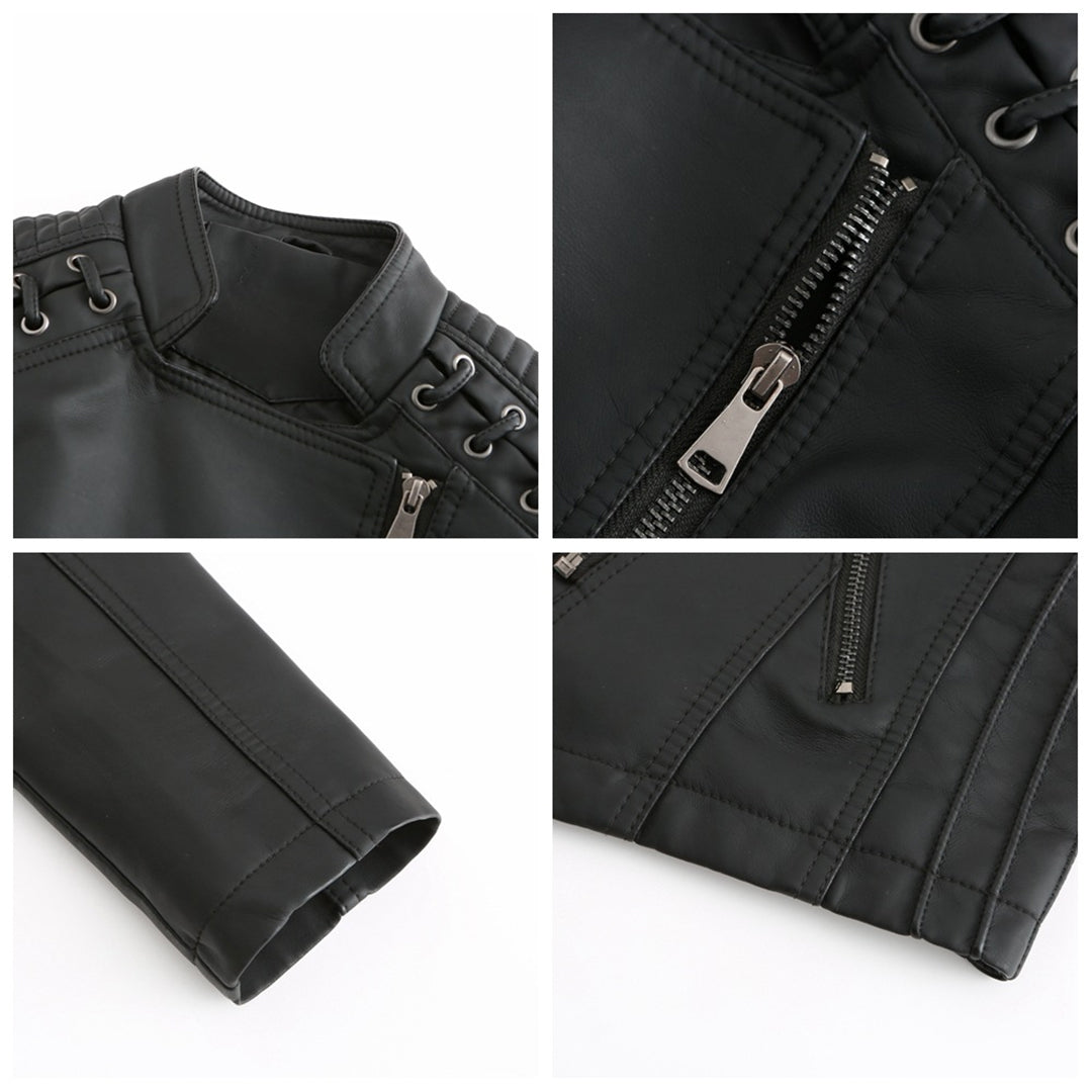 Faux Leather Jacket Women – Stand-up Collar, Front Zipper & Slim Fit