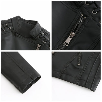 Faux Leather Jacket Women – Stand-up Collar, Front Zipper & Slim Fit