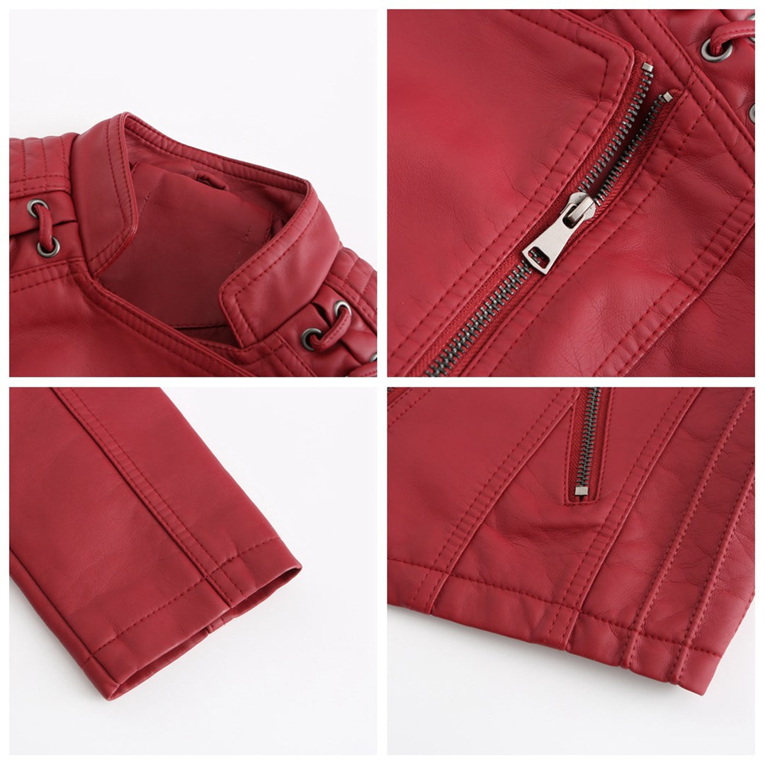 Faux Leather Jacket Women – Stand-up Collar, Front Zipper & Slim Fit