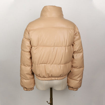 Women's Leather Puffer Jacket – Padded, Quilted Pattern & Front Zipper