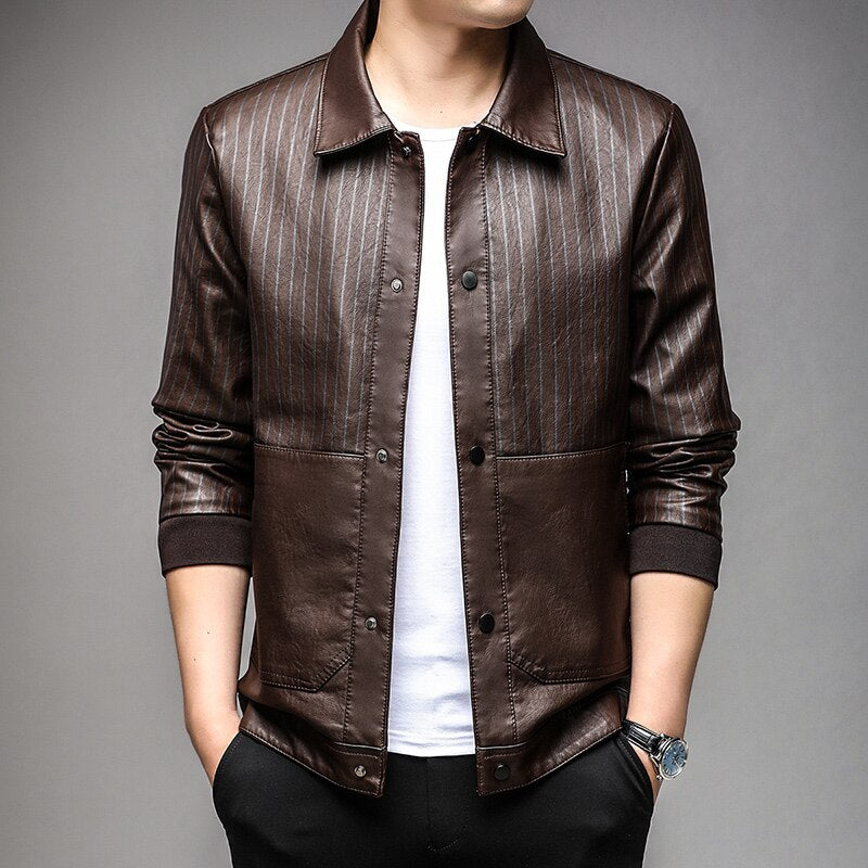 Men's Slim Fit Leather Jacket – Faux Leather, Front Zipper & Slim Cut