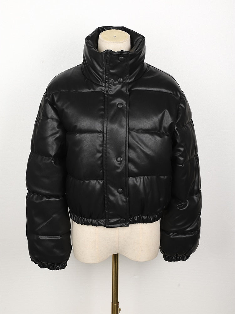Women's Leather Puffer Jacket – Padded, Quilted Pattern & Front Zipper