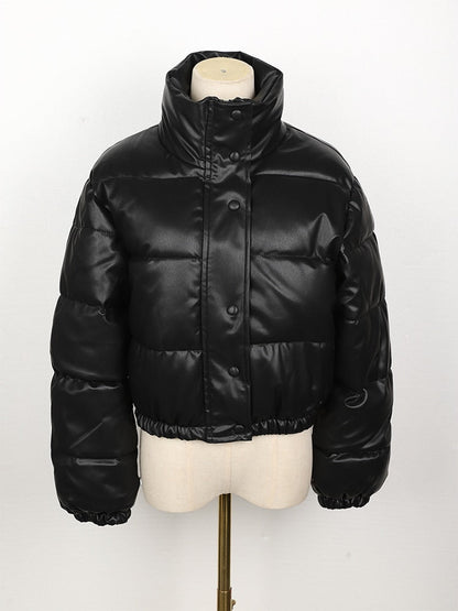 Women's Leather Puffer Jacket – Padded, Quilted Pattern & Front Zipper