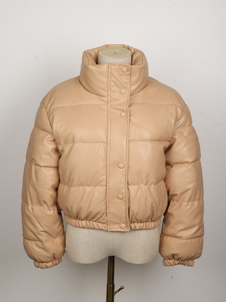 Women's Leather Puffer Jacket – Padded, Quilted Pattern & Front Zipper