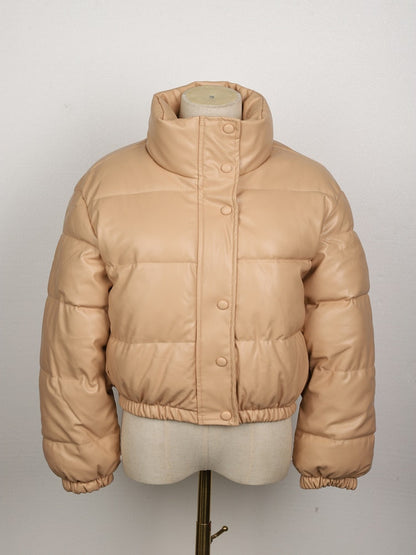 Women's Leather Puffer Jacket – Padded, Quilted Pattern & Front Zipper