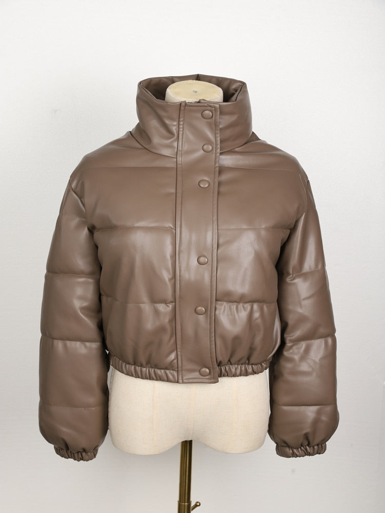 Women's Leather Puffer Jacket – Padded, Quilted Pattern & Front Zipper