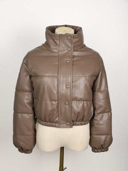 Women's Leather Puffer Jacket – Padded, Quilted Pattern & Front Zipper