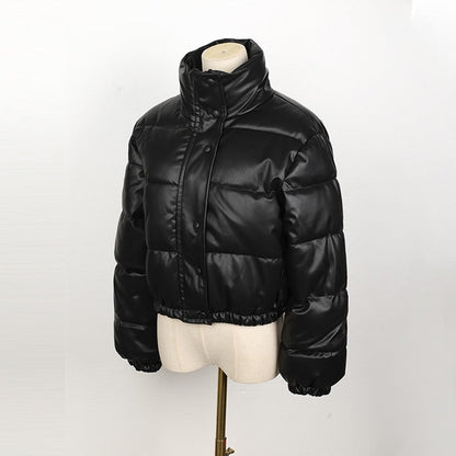 Women's Leather Puffer Jacket – Padded, Quilted Pattern & Front Zipper