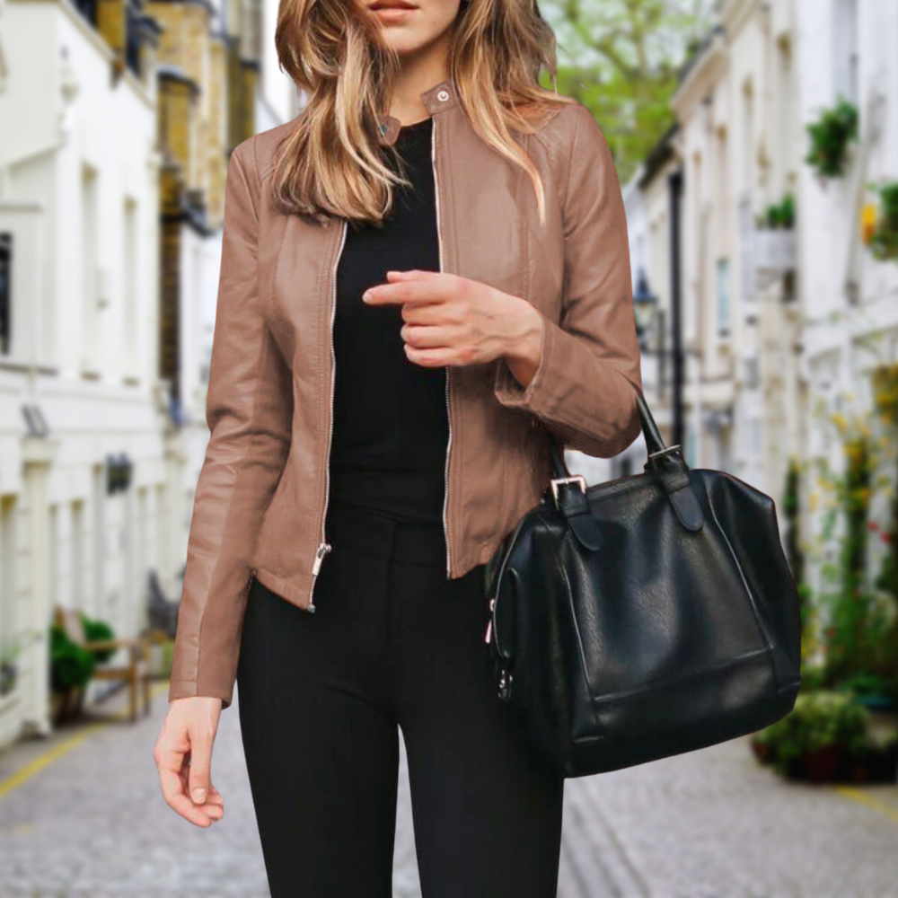 Women's Biker-Style Leather Jacket – Asymmetric Zipper, Faux Leather & Lapel Collar