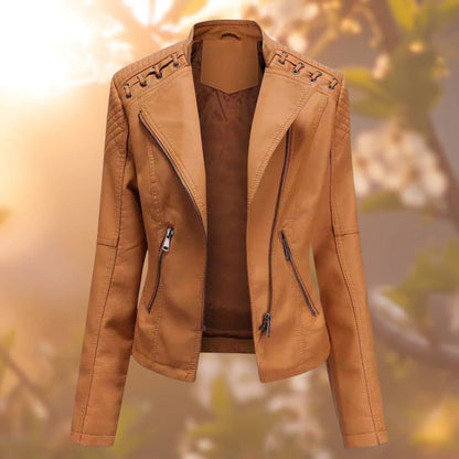 Women's Brown Leather Jacket – Soft Faux Leather, Turndown Collar & Waist Belt