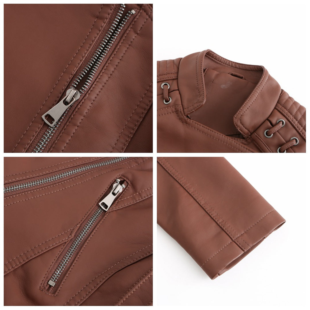 Faux Leather Jacket Women – Stand-up Collar, Front Zipper & Slim Fit
