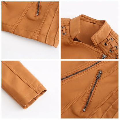 Faux Leather Jacket Women – Stand-up Collar, Front Zipper & Slim Fit