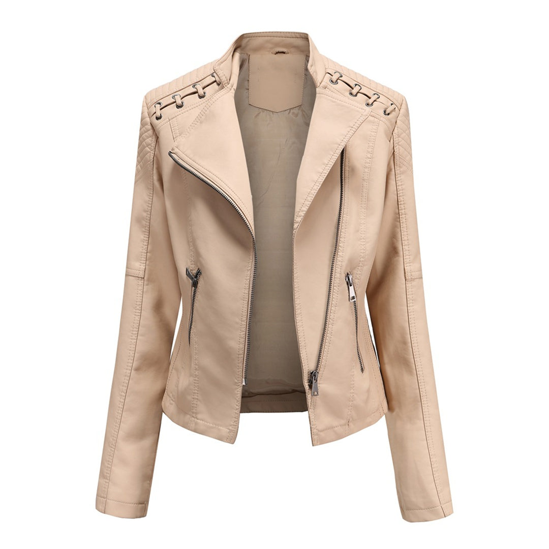 Faux Leather Jacket Women – Stand-up Collar, Front Zipper & Slim Fit