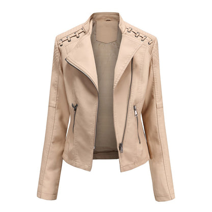 Faux Leather Jacket Women – Stand-up Collar, Front Zipper & Slim Fit