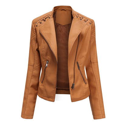 Faux Leather Jacket Women – Stand-up Collar, Front Zipper & Slim Fit