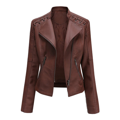 Faux Leather Jacket Women – Stand-up Collar, Front Zipper & Slim Fit