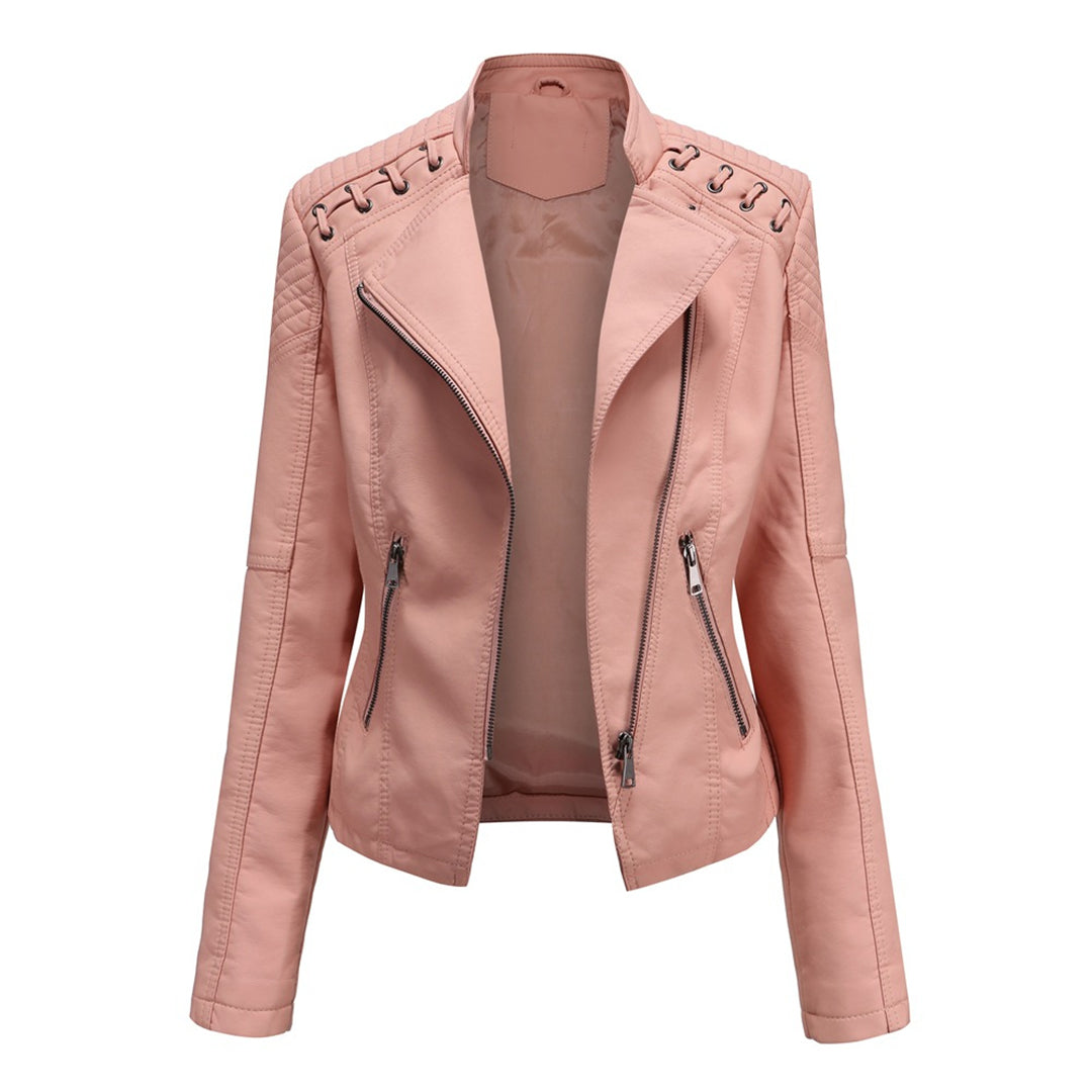 Faux Leather Jacket Women – Stand-up Collar, Front Zipper & Slim Fit