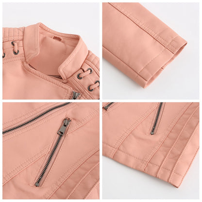 Faux Leather Jacket Women – Stand-up Collar, Front Zipper & Slim Fit