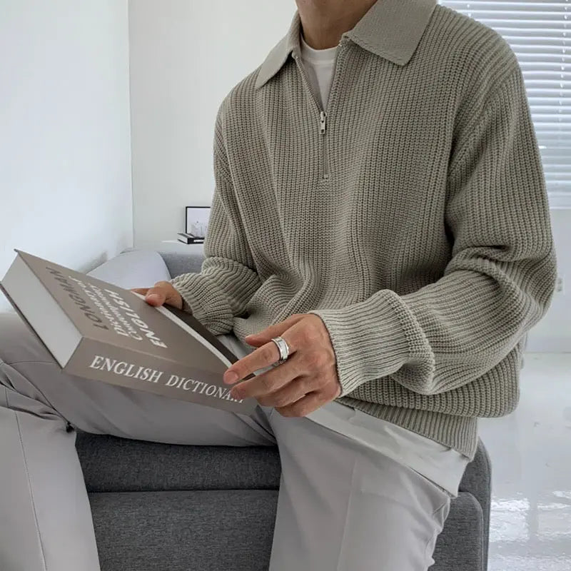 Herren Rippstrick-Pullover mit Kragen und kurzem Reißverschluss, XS–XL