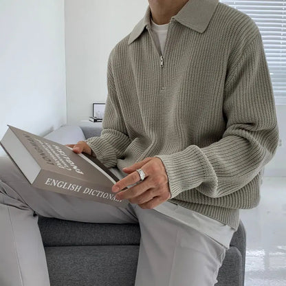 Herren Rippstrick-Pullover mit Kragen und kurzem Reißverschluss, XS–XL