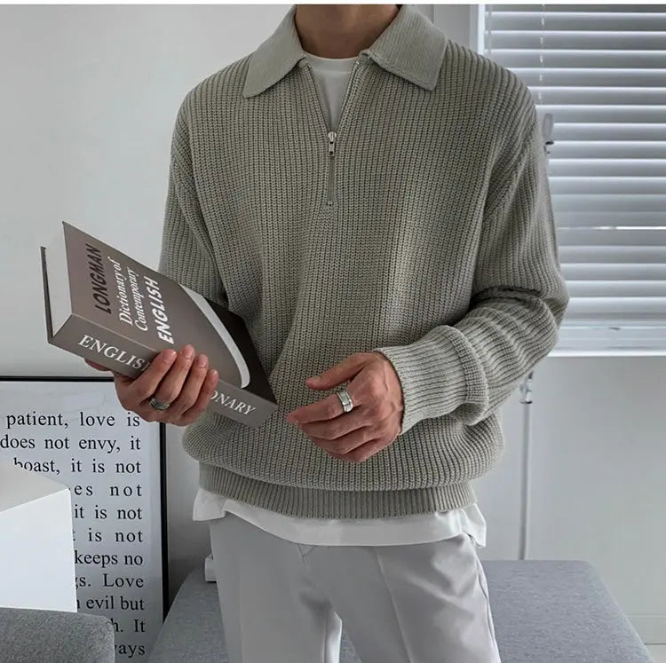 Herren Rippstrick-Pullover mit Kragen und kurzem Reißverschluss, XS–XL