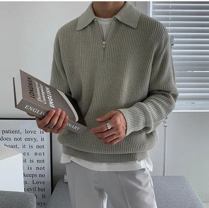 Herren Rippstrick-Pullover mit Kragen und kurzem Reißverschluss, XS–XL
