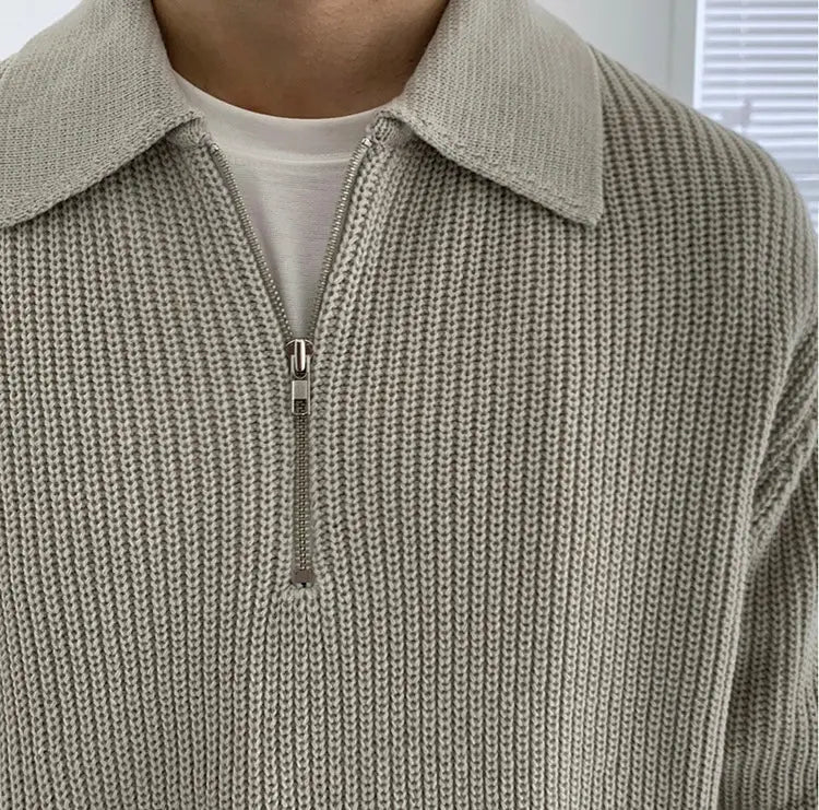Herren Rippstrick-Pullover mit Kragen und kurzem Reißverschluss, XS–XL