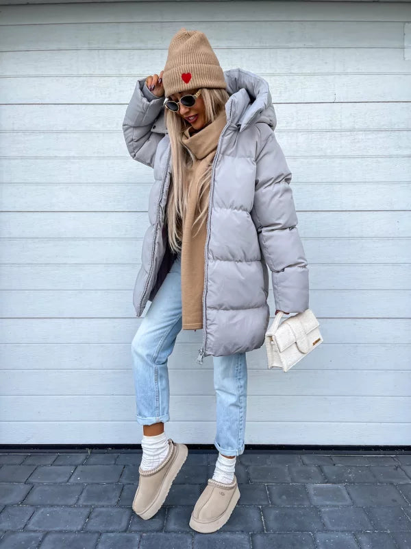 Damen lange Steppjacke mit Kapuze und Seitentaschen, Größen S–L